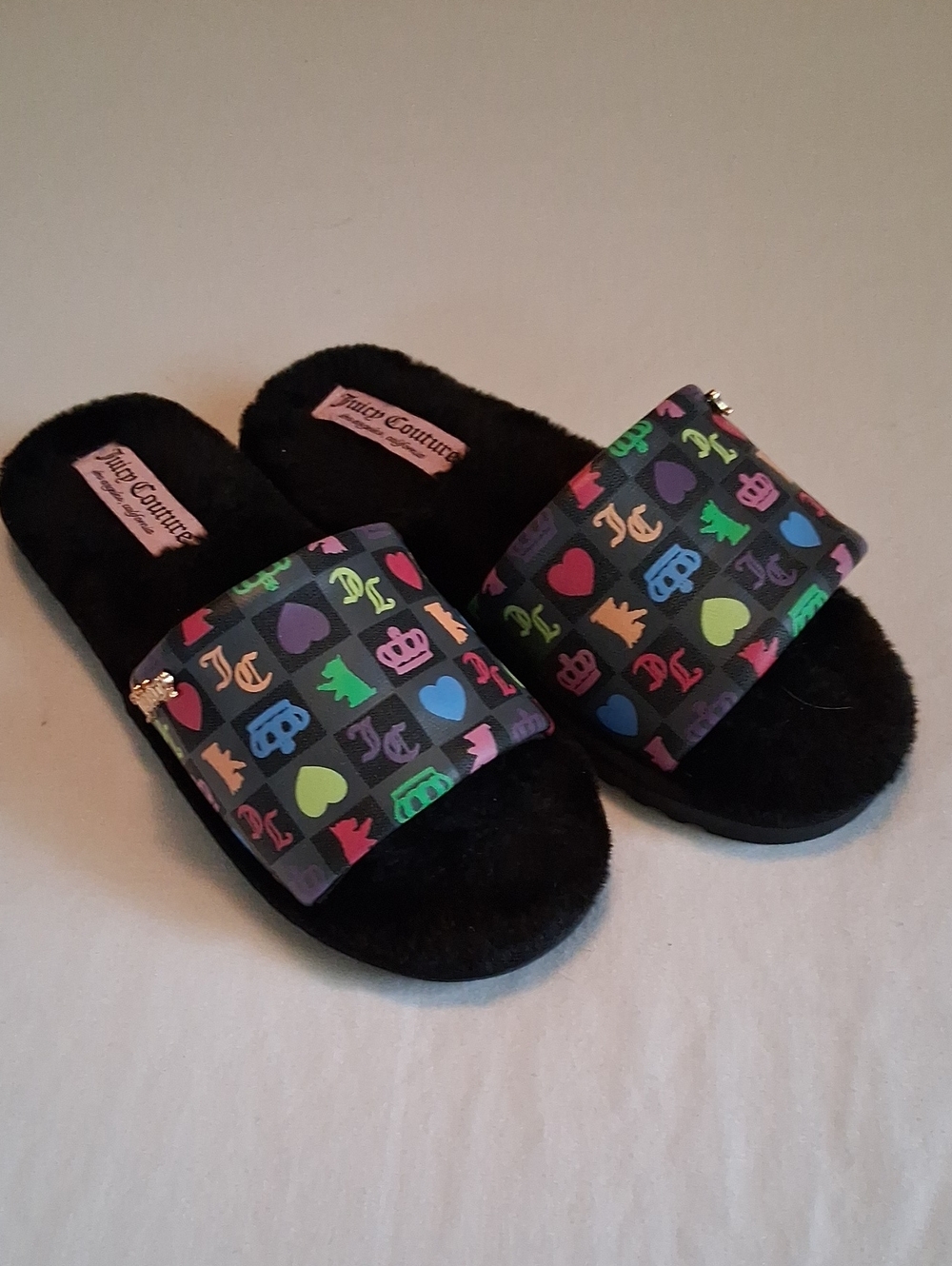 Juicy Couture Slippers Sz. 9½ With Checkered Design And A Furry Sole
